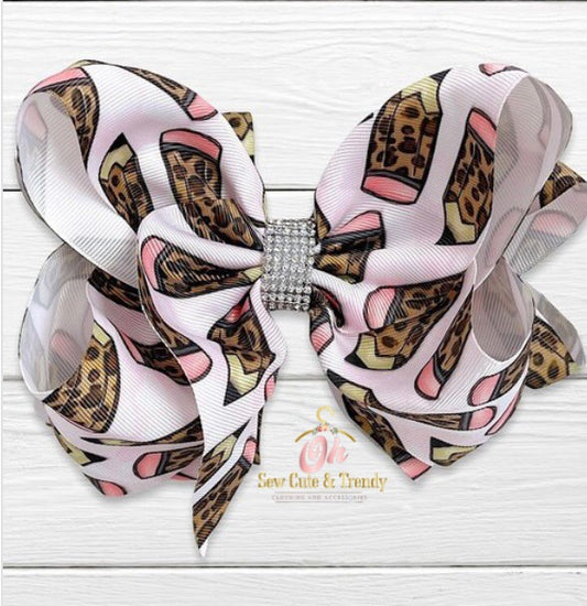 White Back to School Leopard Pencil Hair Bow