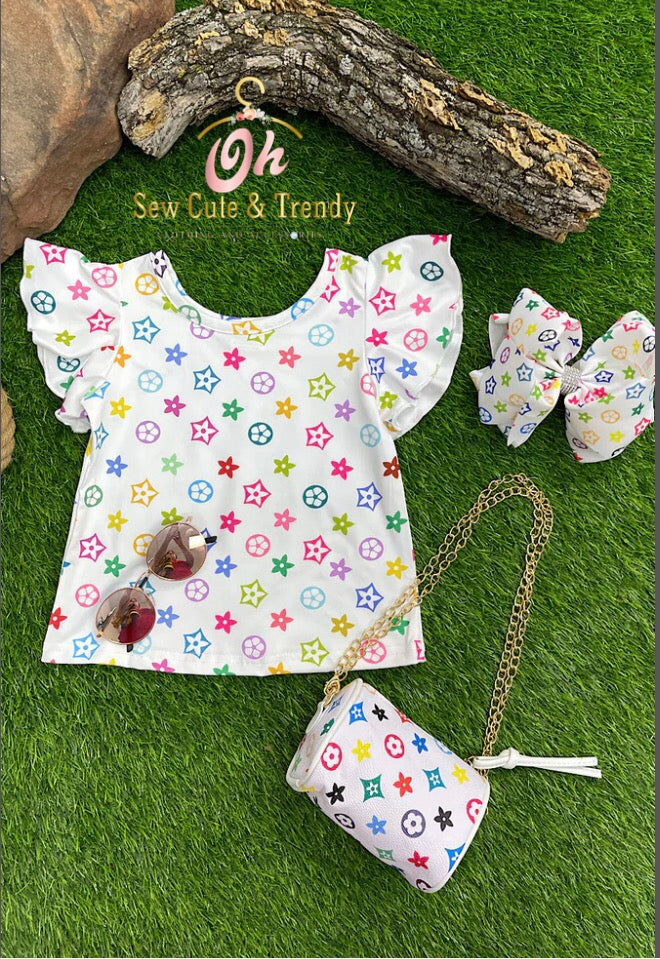 White Multicolor Star Angel Sleeved Top